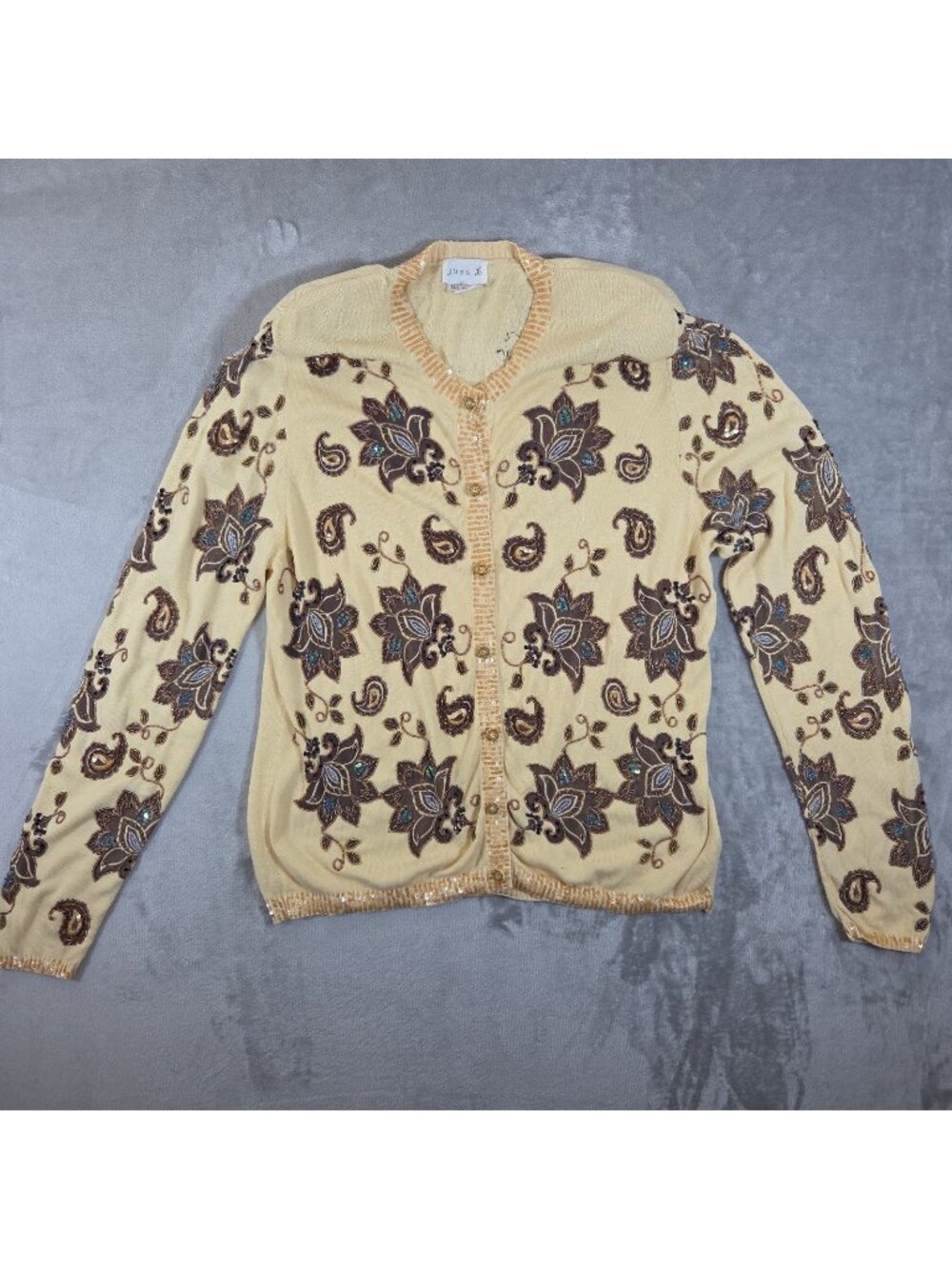 Just B Cardigan Sweater XL Floral Heavy Beaded Sequin Embroidery Grandmacore